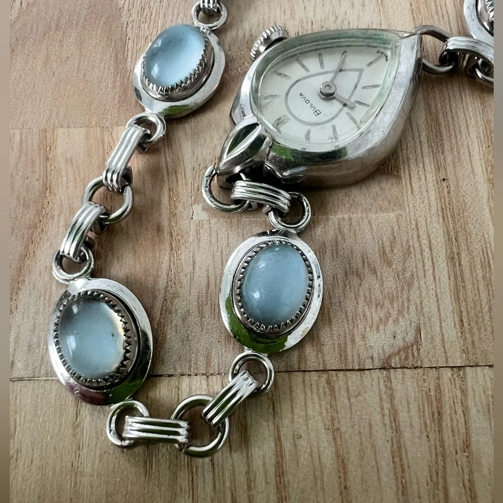 Vintage Bulova ladies teardrop shaped white gold filled mechanical watch